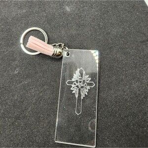 Hand Crafted Keychain Cross Pink Silver Bag Charm,  Zipper Pull with Tassel
